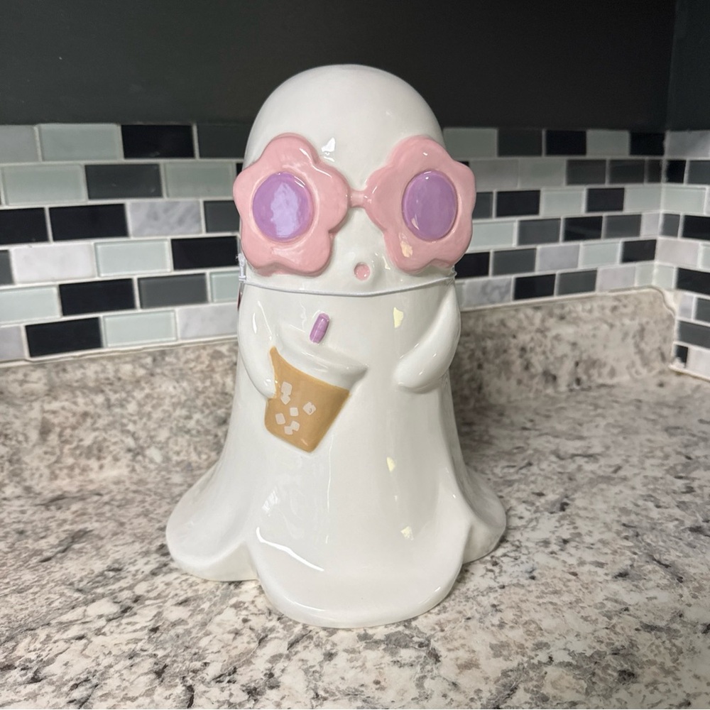 Halloween Hippie Girl Ghost Sipping Latte Tall 10” Pink Glasses Ceramic